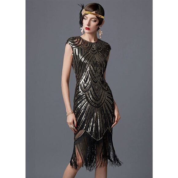 ✨ Flapper Great Gatsby Roaring 1920s Retro Tassel Fringe Gold Sequin Dress M NEW - Picture 13 of 16